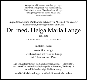 Traueranzeige von Helga Maria Lange von Westfalen-Blatt