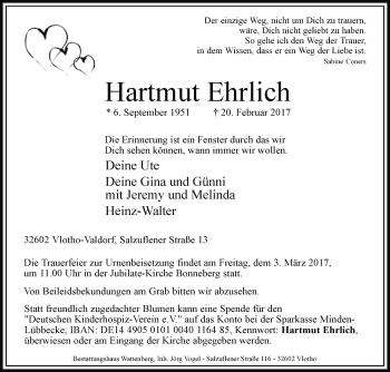 Traueranzeige von Hartmut Ehrlich von Westfalen-Blatt