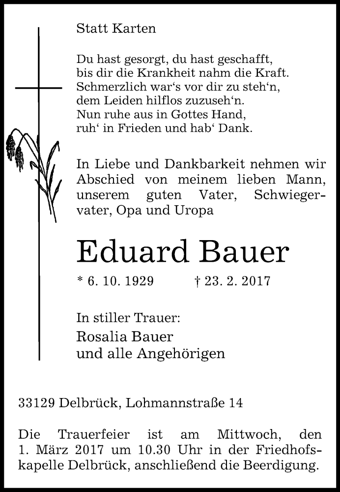  Traueranzeige für Eduard Bauer vom 25.02.2017 aus Westfalen-Blatt