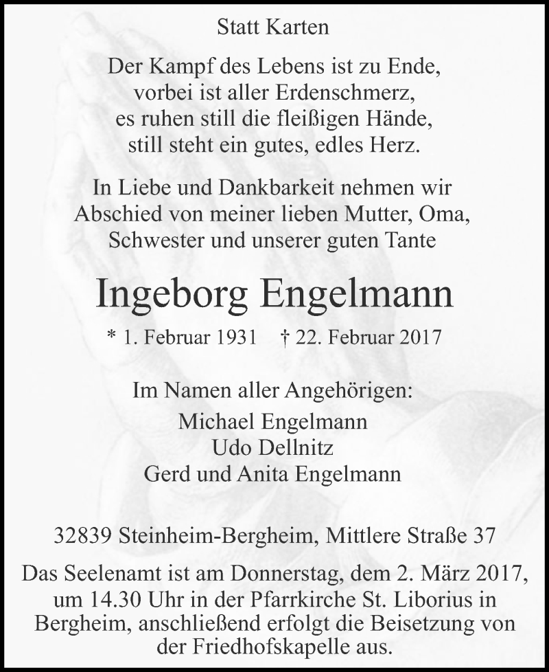  Traueranzeige für Ingeborg Engelmann vom 25.02.2017 aus Westfalen-Blatt