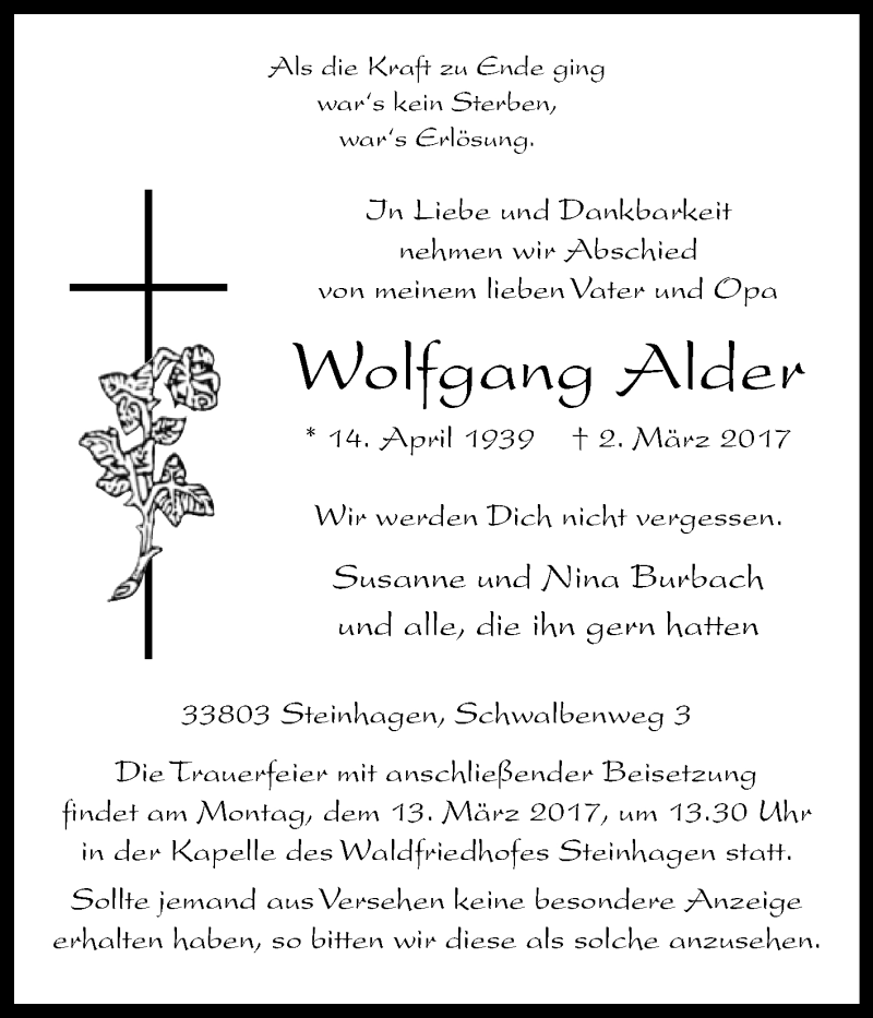  Traueranzeige für Wolfgang Alder vom 04.03.2017 aus Westfalen-Blatt