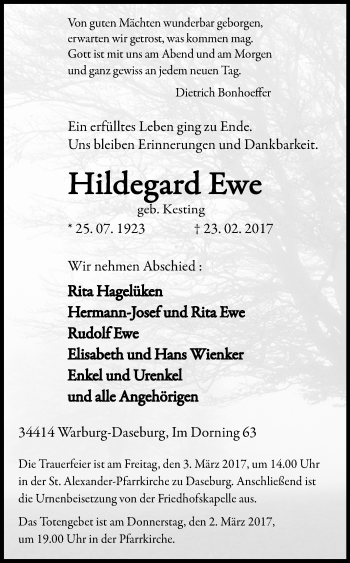 Traueranzeige von Hildegard Ewe von Westfalen-Blatt