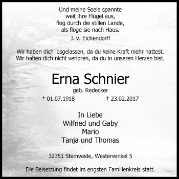 Traueranzeige von Erna Schnier von Westfalen-Blatt
