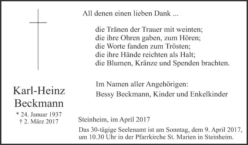  Traueranzeige für Karl-Heinz Beckmann vom 06.04.2017 aus Westfalen-Blatt