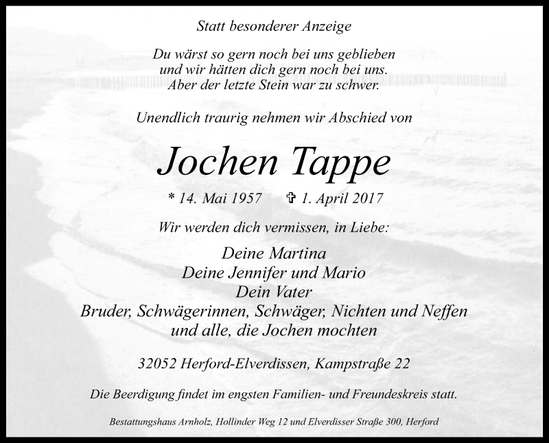  Traueranzeige für Jochen Tappe vom 03.04.2017 aus Westfalen-Blatt