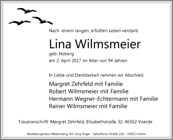 Traueranzeige von Lina Wilmsmeier von Westfalen-Blatt