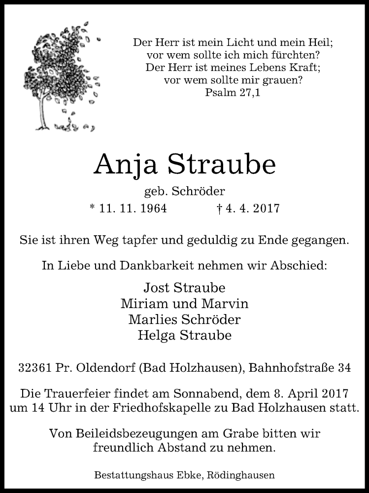  Traueranzeige für Anja Straube vom 06.04.2017 aus Westfalen-Blatt