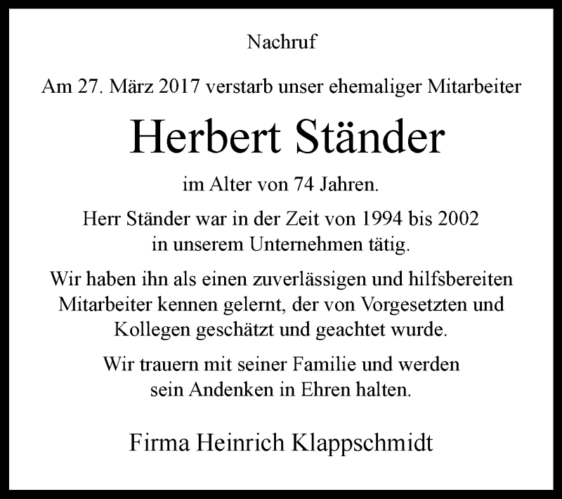  Traueranzeige für Herbert Ständer vom 03.04.2017 aus Westfalen-Blatt