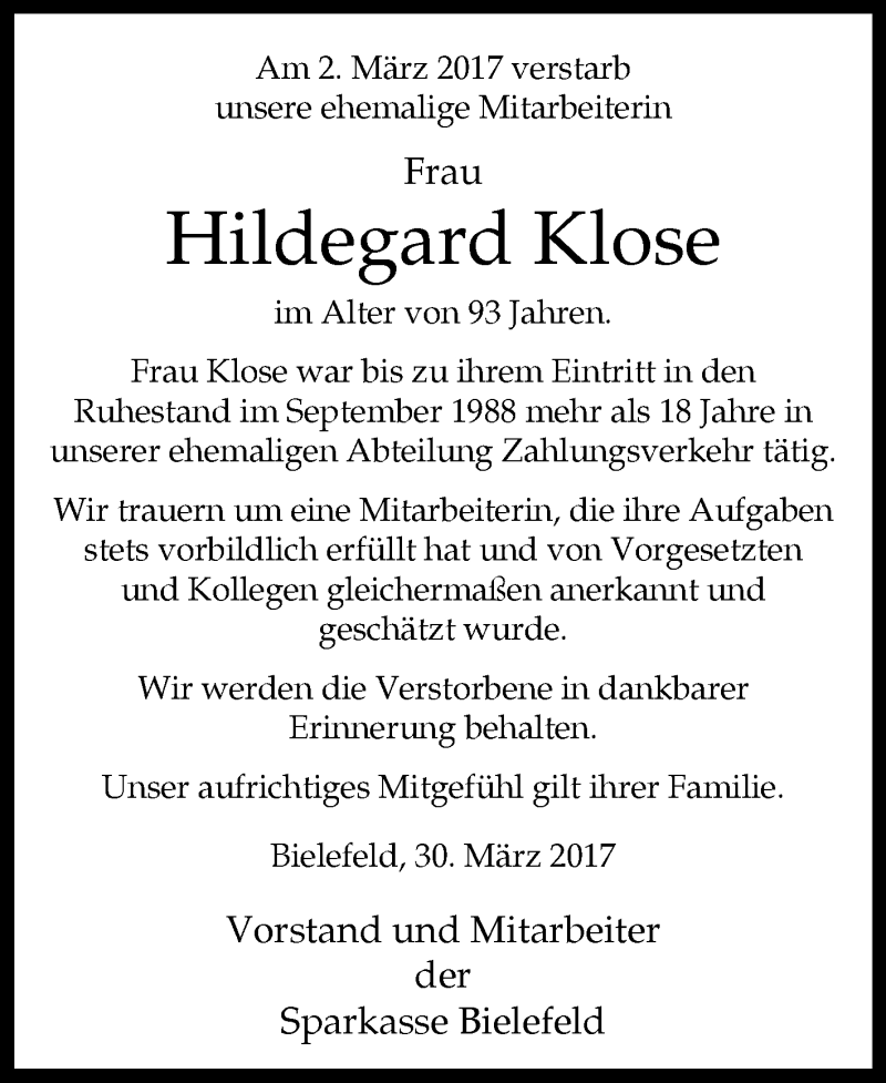 Traueranzeige für Hildegard Klose vom 31.03.2017 aus Westfalen-Blatt