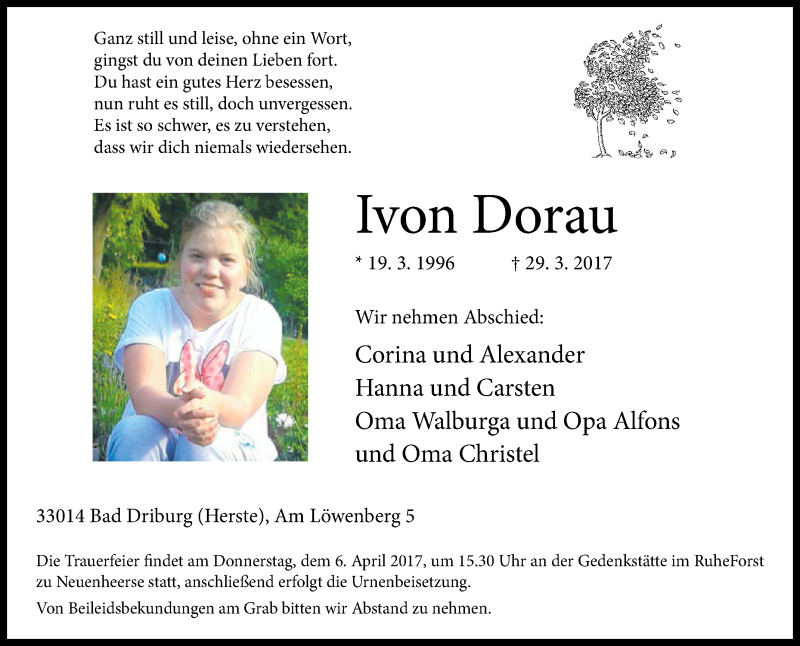  Traueranzeige für Ivon Dorau vom 01.04.2017 aus Westfalen-Blatt