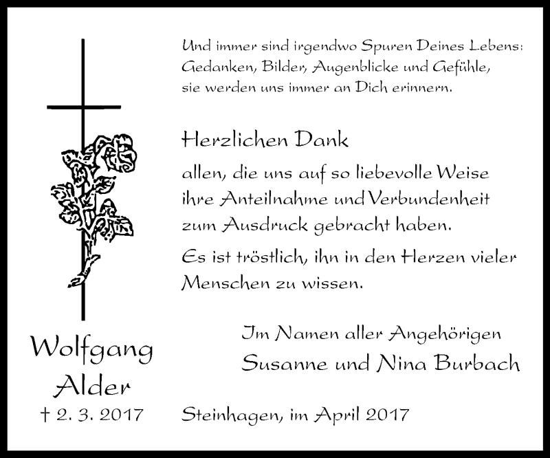  Traueranzeige für Wolfgang Alder vom 06.04.2017 aus Westfalen-Blatt