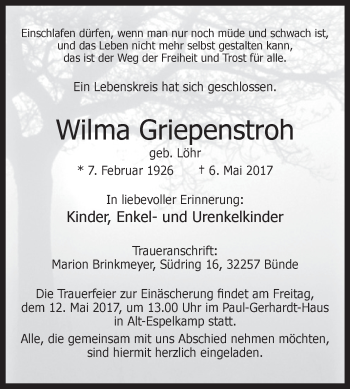 Traueranzeige von Wilma Griepenstroh von Westfalen-Blatt