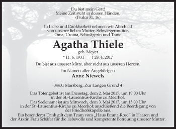Traueranzeige von Agatha Thiele von Westfalen-Blatt