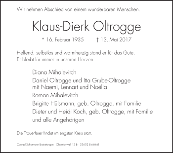 Traueranzeige von Klaus-Dierk Oltrogge von Westfalen-Blatt