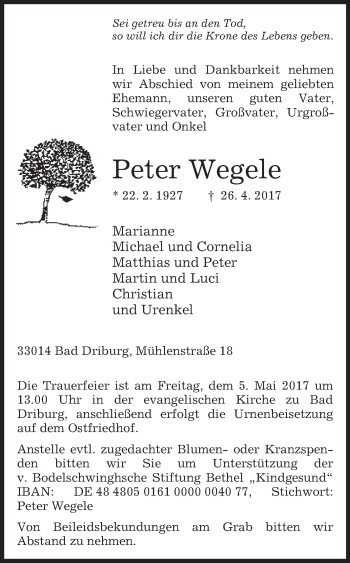 Traueranzeige von Peter Wegele von Westfalen-Blatt
