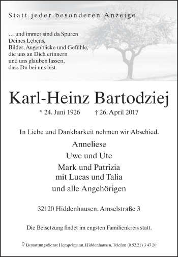 Traueranzeige von Karl-Heinz Bartodziej von Westfalen-Blatt
