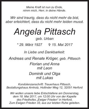 Traueranzeige von Angela Pittasch von Westfalen-Blatt