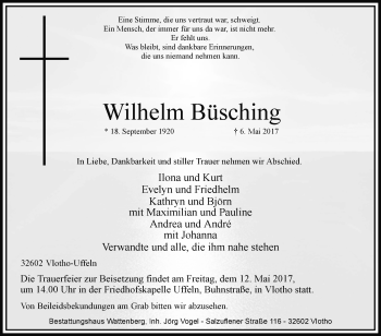 Traueranzeige von Wilhelm Büsching von Westfalen-Blatt