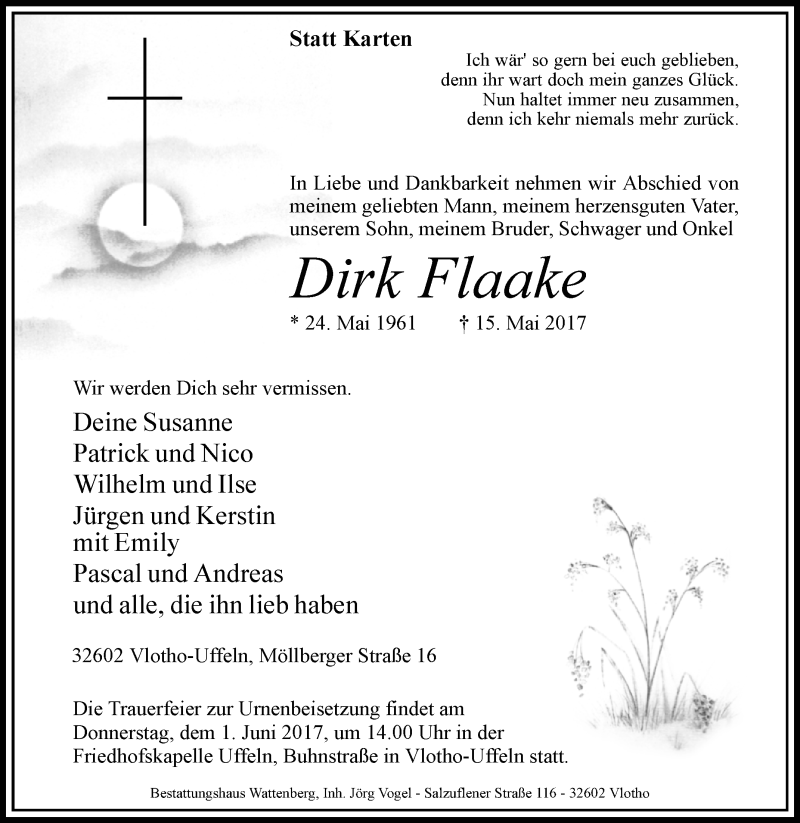  Traueranzeige für Dirk Flaake vom 20.05.2017 aus Westfalen-Blatt