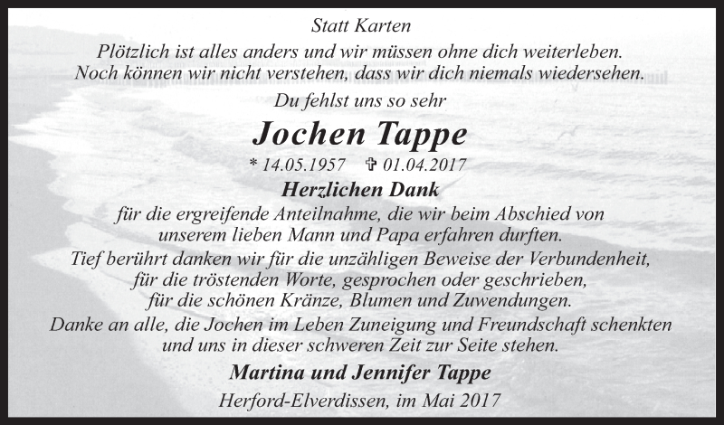  Traueranzeige für Jochen Tappe vom 04.05.2017 aus Westfalen-Blatt