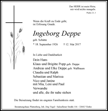 Traueranzeige von Ingeborg Deppe von Westfalen-Blatt