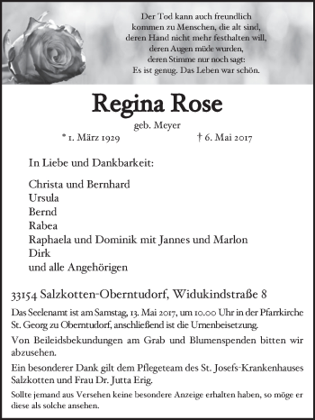 Traueranzeige von Regina Rose von Westfalen-Blatt