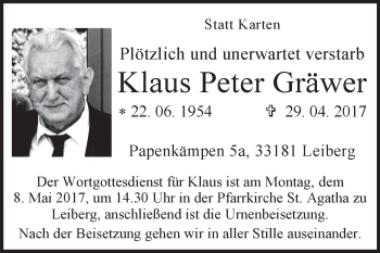 Traueranzeige von Klaus Peter Gräwer von Westfalen-Blatt