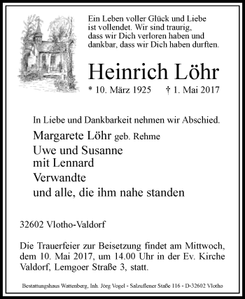 Traueranzeige von Heinrich Löhr von Westfalen-Blatt