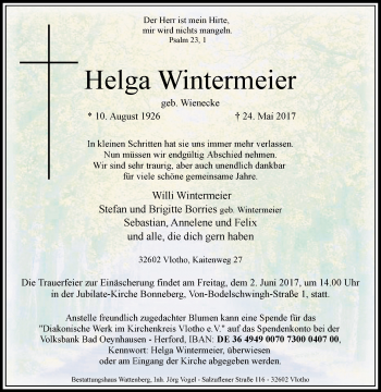 Traueranzeige von Helga Wintermeier von Westfalen-Blatt
