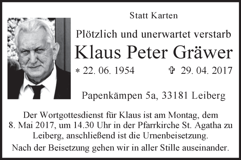  Traueranzeige für Klaus Peter Gräwer vom 03.05.2017 aus Westfalen-Blatt