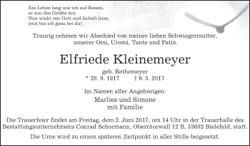 Traueranzeige von Elfriede Kleinemeyer von Westfalen-Blatt