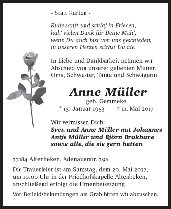 Traueranzeige von Anne Müller von Westfalen-Blatt
