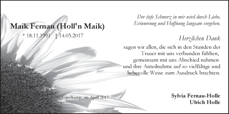  Traueranzeige für Maik Fernau vom 02.05.2017 aus Westfalen-Blatt