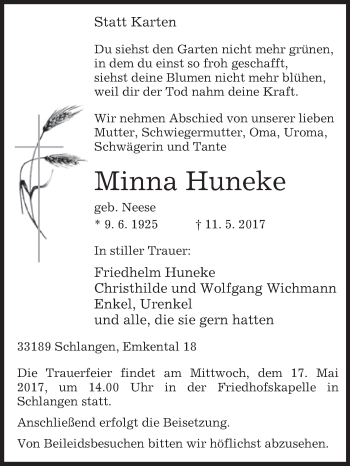 Traueranzeige von Minna Huneke von Westfalen-Blatt