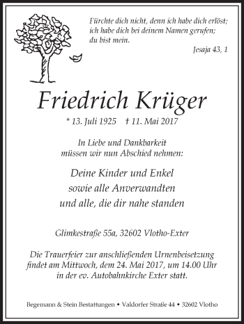 Traueranzeige von Friedrich Krüger von Westfalen-Blatt