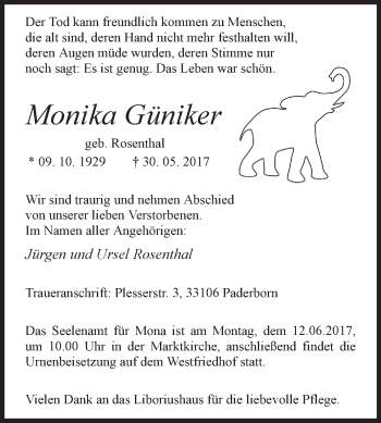 Traueranzeige von Monika Güniker von Westfalen-Blatt