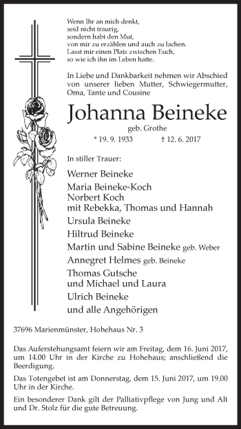 Traueranzeige von Johanna Beineke von Westfalen-Blatt