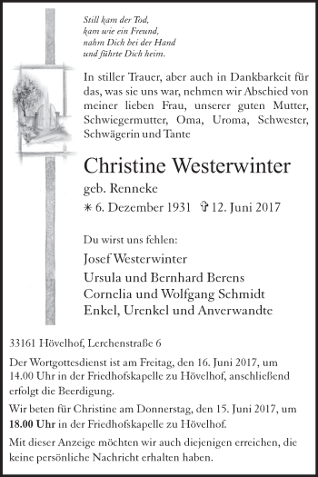 Traueranzeige von Christine Westerwinter von Westfalen-Blatt