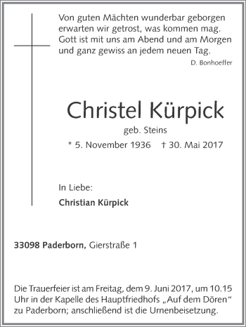 Traueranzeige von Christel Kürpick von Westfalen-Blatt