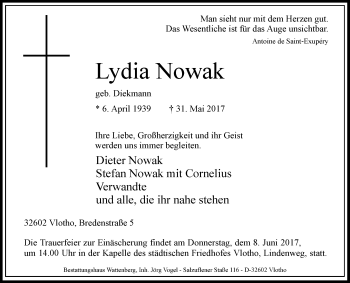 Traueranzeige von Lydia Nowak von Westfalen-Blatt