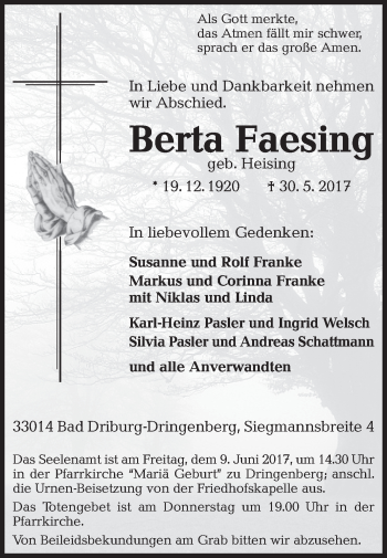 Traueranzeige von Berta Faesing von Westfalen-Blatt