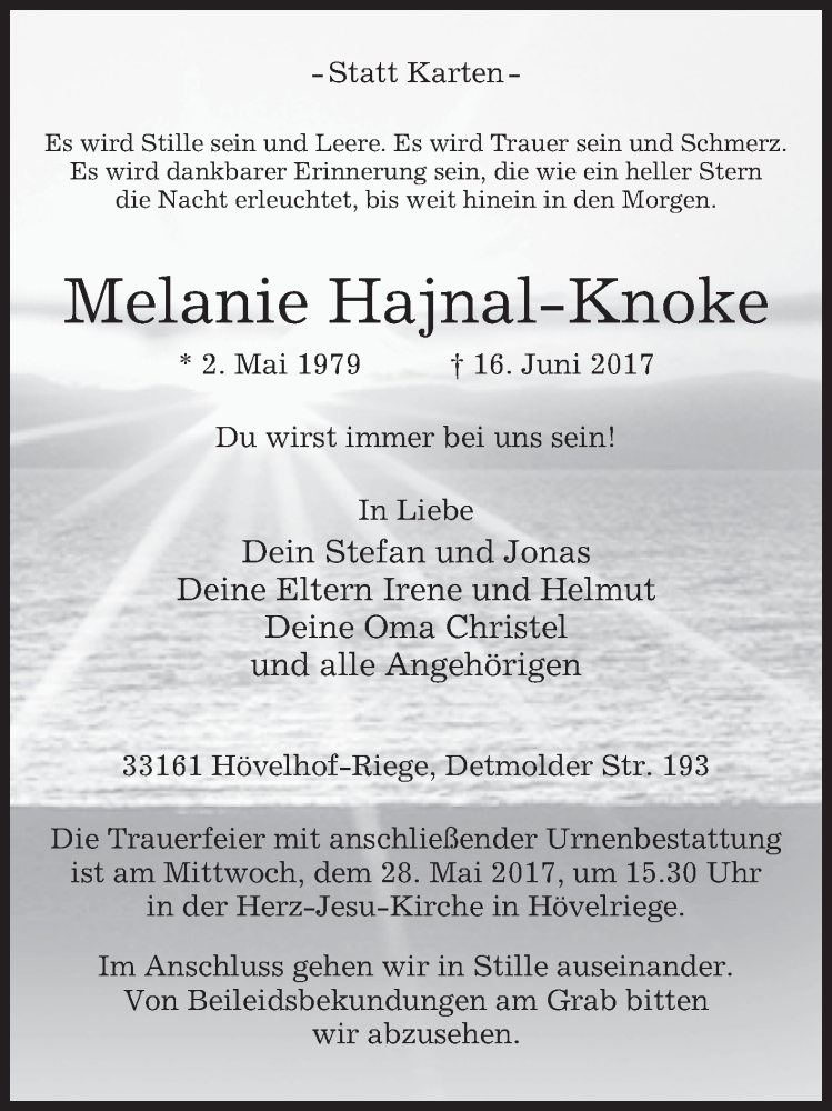  Traueranzeige für Melanie Hajnal-Knoke vom 21.06.2017 aus Westfalen-Blatt