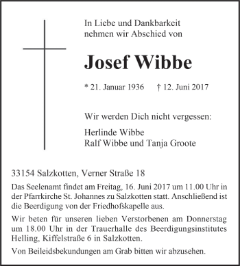 Traueranzeige von Josef Wibbe von Westfalen-Blatt