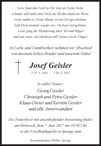 Traueranzeige von Josef Geisler von Westfalen-Blatt