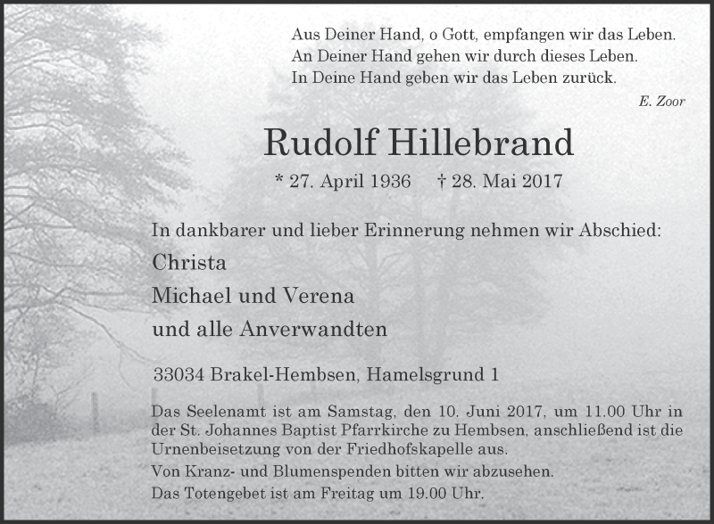  Traueranzeige für Rudolf Hillebrand vom 03.06.2017 aus Westfalen-Blatt