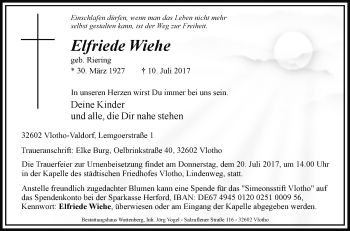 Traueranzeige von Elfriede Wiehe von Westfalen-Blatt