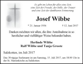 Traueranzeige von Josef Wibbe von Westfalen-Blatt