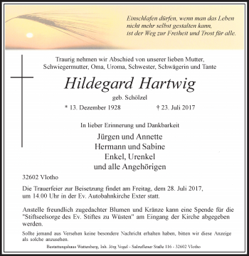 Traueranzeige von Hildegard Hartwig von Westfalen-Blatt