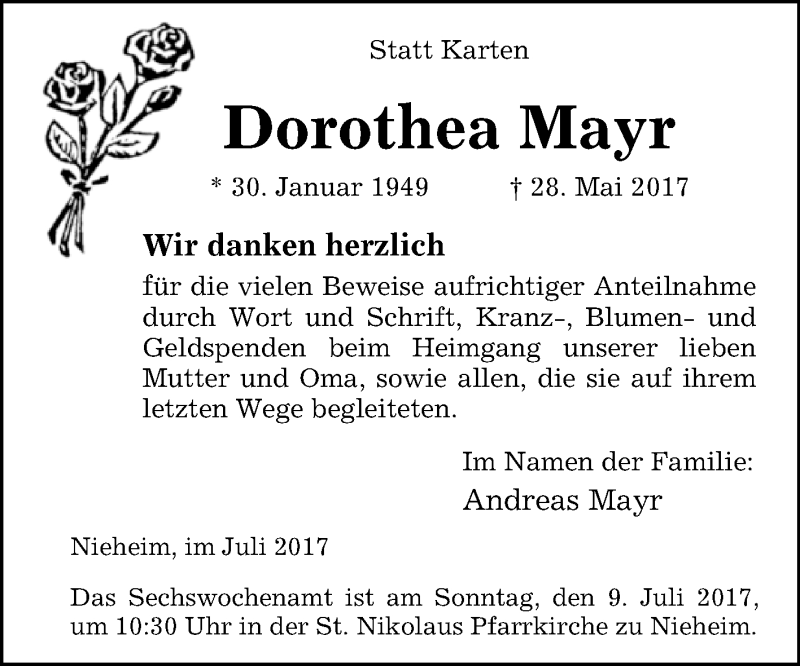  Traueranzeige für Dorothea Mayr vom 01.07.2017 aus Westfalen-Blatt