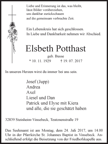 Traueranzeige von Elsbeth Potthast von Westfalen-Blatt